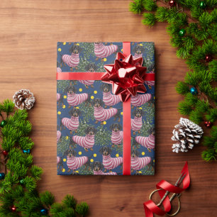 Cute Dachshund in Pink Sweater Mistletoe Navy Wrapping Paper