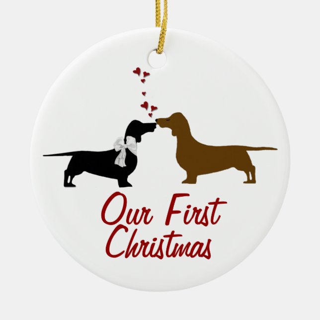 Cute Dachshund Lovers First Christmas Ornament (Front)