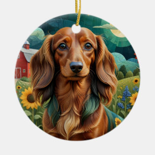 Cute dachshund on the farm ceramic tree decoration