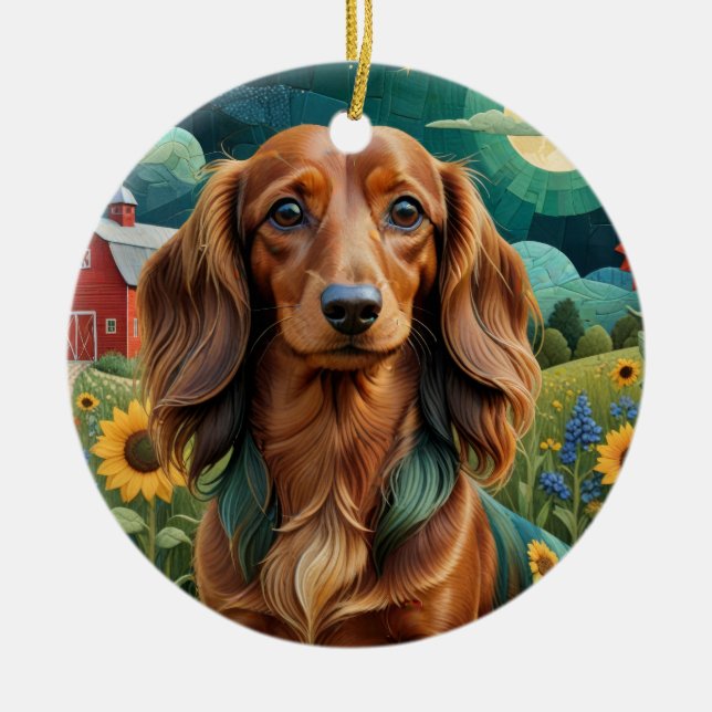 Cute dachshund on the farm ceramic tree decoration (Front)
