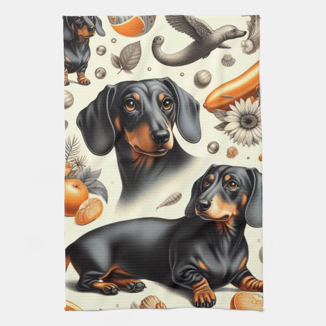 Cute Dachshund Pattern Tea Towel (Vertical)