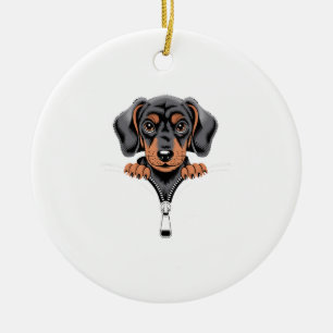 Cute Dachshund Peeking Out of Zipper Illustration Ceramic Tree Decoration