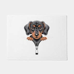Cute Dachshund Peeking Out of Zipper Illustration Doormat