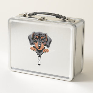Cute Dachshund Peeking Out of Zipper Illustration Metal Lunch Box