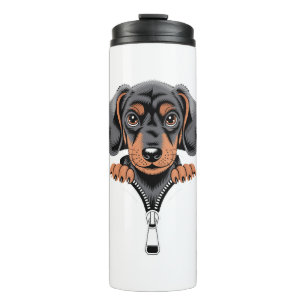 Cute Dachshund Peeking Out of Zipper Illustration Thermal Tumbler