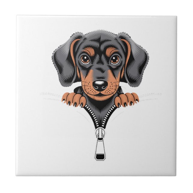 Cute Dachshund Peeking Out of Zipper Illustration Tile (Front)