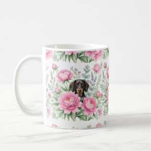 Cute Dachshund Pink Peony Floral Coffee Mug