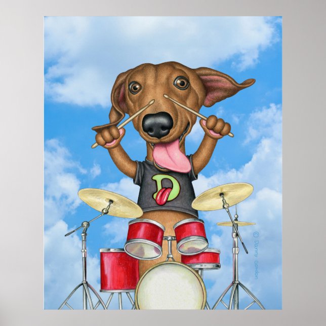 Cute Dachshund Playing Drums Poster (Front)