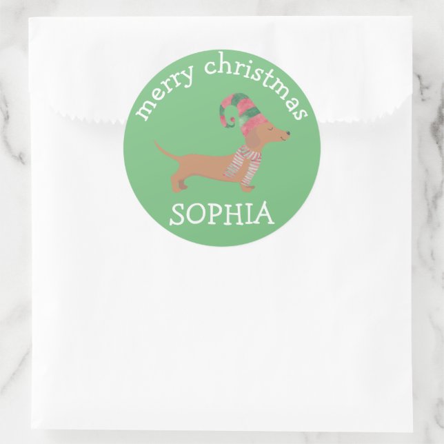 Cute Dachshund puppies dog lover Merry Christmas Classic Round Sticker (Bag)