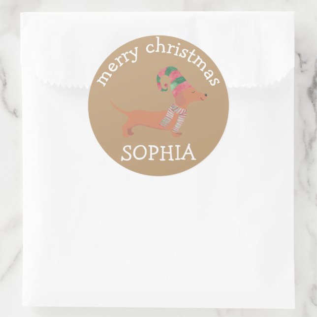 Cute Dachshund puppies dog lover Merry Christmas Classic Round Sticker (Bag)