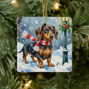 Cute Dachshund Puppy Cosy Winter Scarf Art Ceramic Ornament