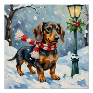 Cute Dachshund Puppy Cosy Winter Scarf Art Poster