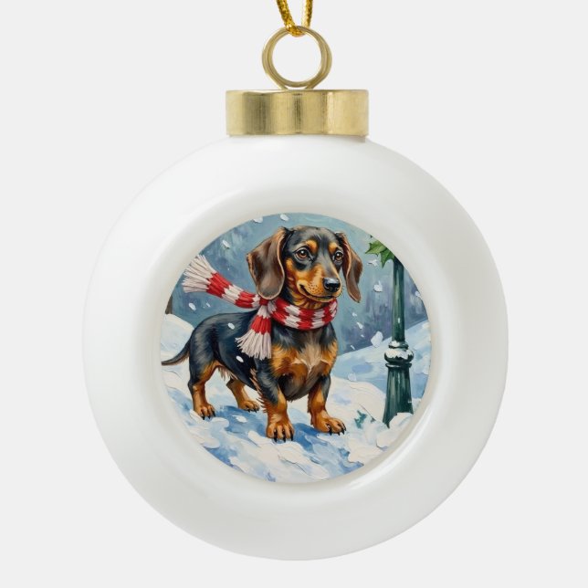 Cute Dachshund Puppy Cozy Winter Scarf Art Ceramic Ball Christmas Ornament (Front)