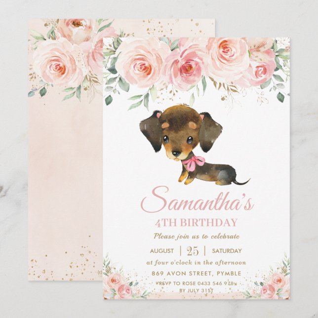 Cute Dachshund Puppy Dog Pink Floral Girl Birthday Invitation (Front/Back)