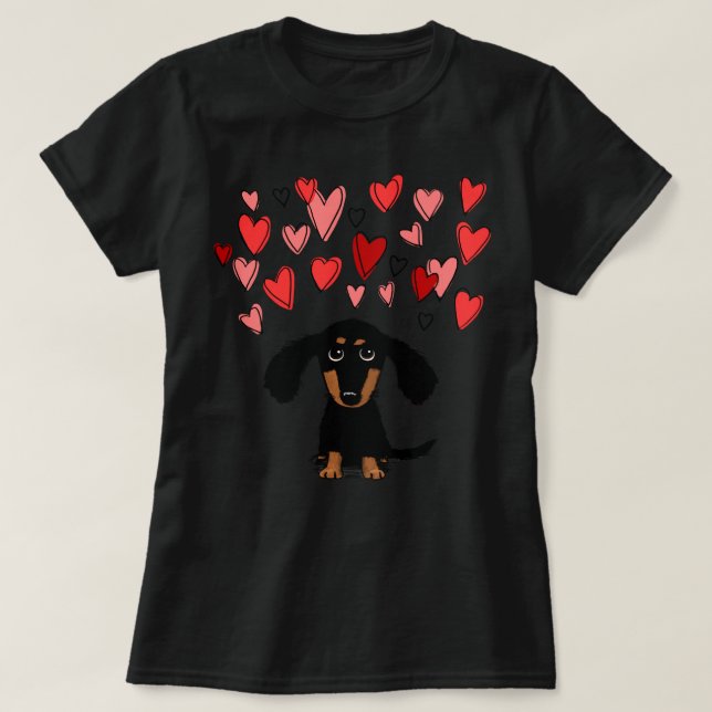 Cute Dachshund Puppy Dog with Valentine Hearts Cla T-Shirt (Design Front)