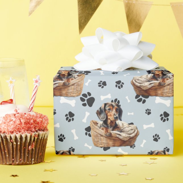 Cute Dachshund Puppy in Basket Paw Print  Wrapping Paper (Birthday Party)