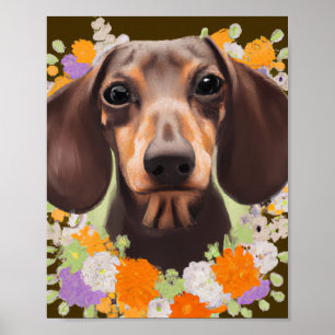 Cute Dachshund Puppy in Flowers Girls Room Poster