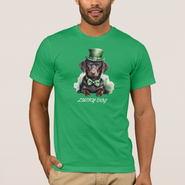 Cute Dachshund Puppy St. Patrick's Day Lucky Dog W T-Shirt (Front)
