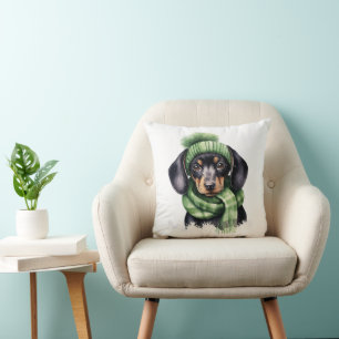 Cute Dachshund Puppy with Hat and Scarf: Cushion