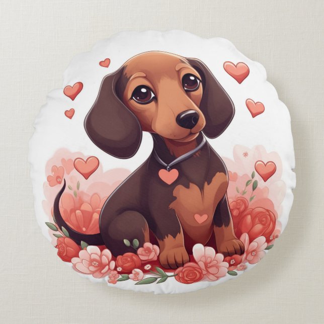 Cute Dachshund Puppy with Hearts Round Cushion (Front)