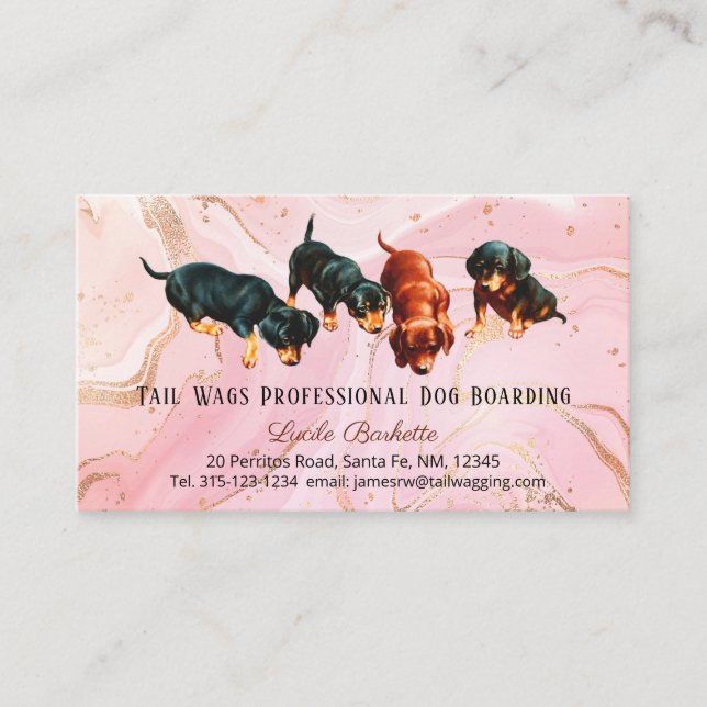 Cute Dachshund Pups Dog Boarding Pink Gold Agate Business Card (Front)