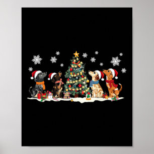 Cute Dachshund Santa Hat Christmas Tree Lights Dog Poster