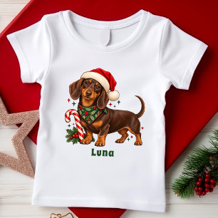 Cute Dachshund Santa Hat Name Kids Christmas T-Shirt