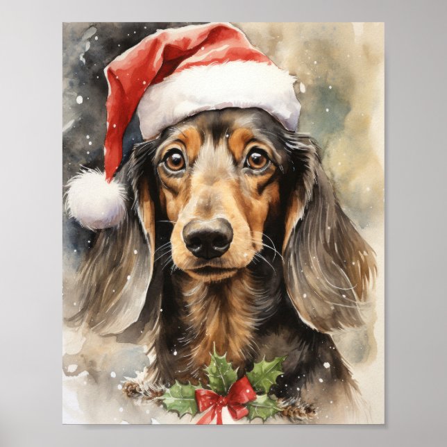 Cute Dachshund Santa Puppy Watercolor Art Poster (Front)