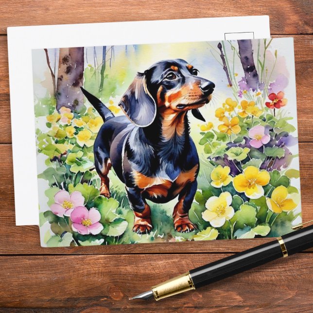 Cute Dachshund Sausage Dog Spring Primrose Flowers Postcard (A pretty postcard featuring a cute dachshund in woodland, with colorful primrose flowers in Spring)