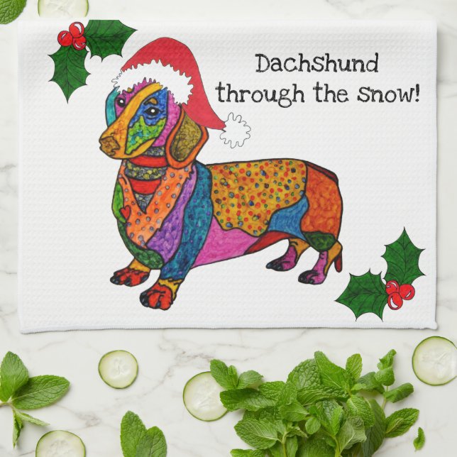 Cute Dachshund through the Snow Kitchen Towel (Folded)