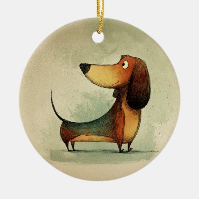 Cute Dachshund – Whimsical Dog Illustration Ceramic Tree Decoration (Front)