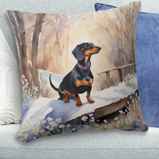 Cute Dachshund Winter Snow Watercolor Dog Breed Cushion