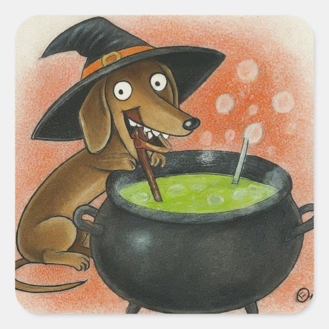 Cute Dachshund Witch Square Sticker (Front)