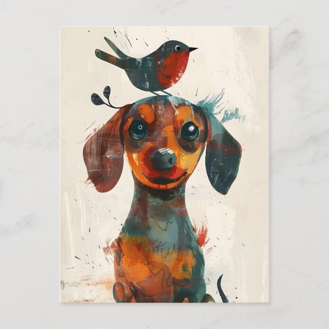 Cute Dachshund with a bird hand painted Postcard (Front)