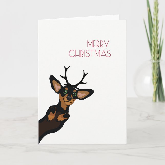Cute Dachshund with antlers Merry Christmas Holiday Card (Front)
