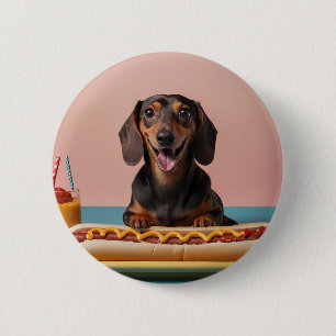 Cute Dachshund With Hot Dog 6 Cm Round Badge
