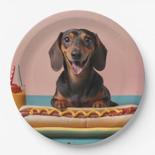 Cute Dachshund With Hot Dog Paper Plate