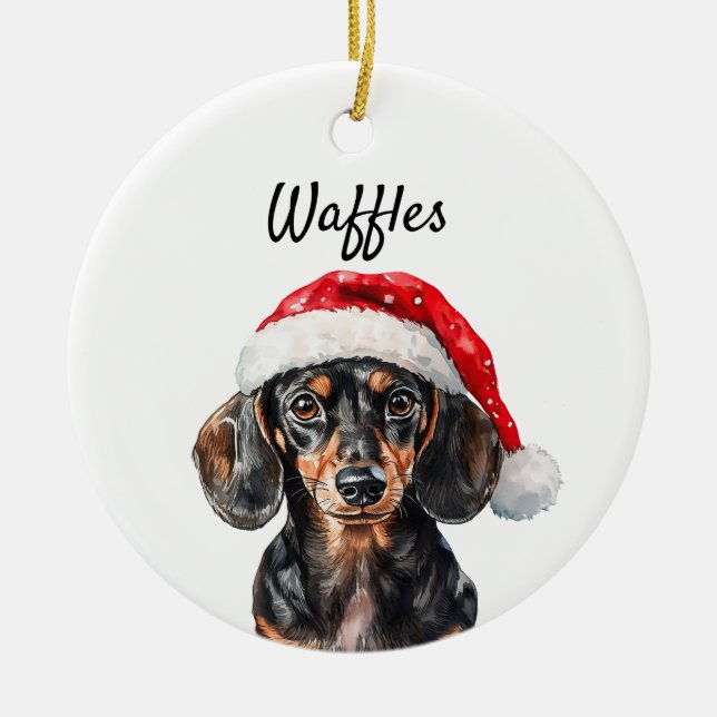 Cute Dachshund with Santa Hat Ceramic Tree Decoration (Front)