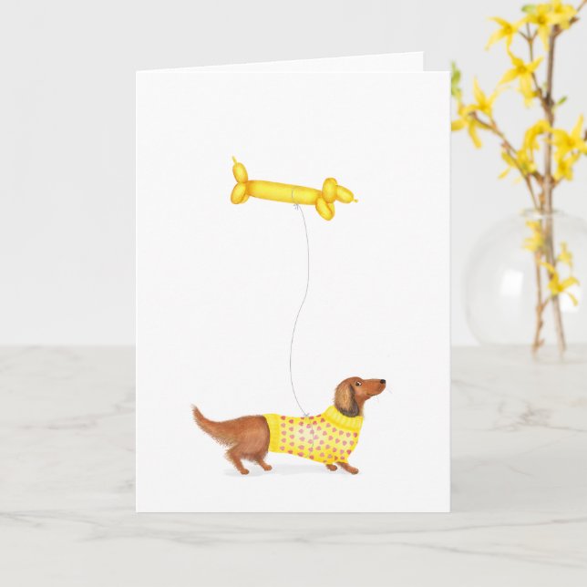 Cute dachshund with sausage dog balloon card (Yellow Flower)