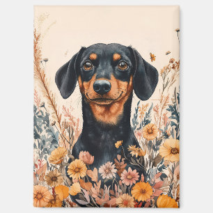 Cute Dachshund with Wildflowers Painting Magnet