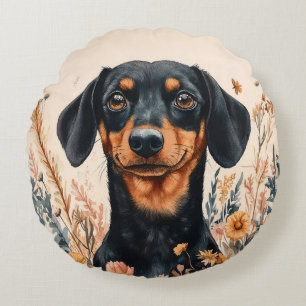 Cute Dachshund with Wildflowers Painting Round Cushion