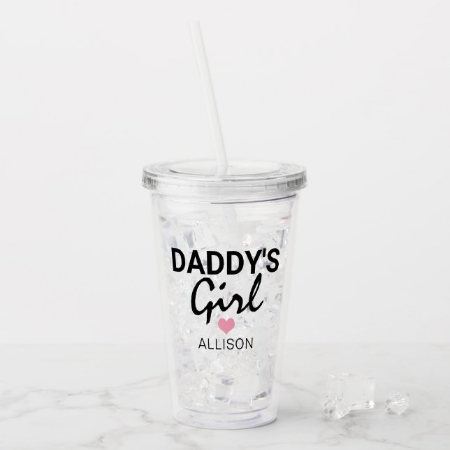 Cute Daddys Girl Pink Heart Personalised Kids Acrylic Tumbler (Front Ice)
