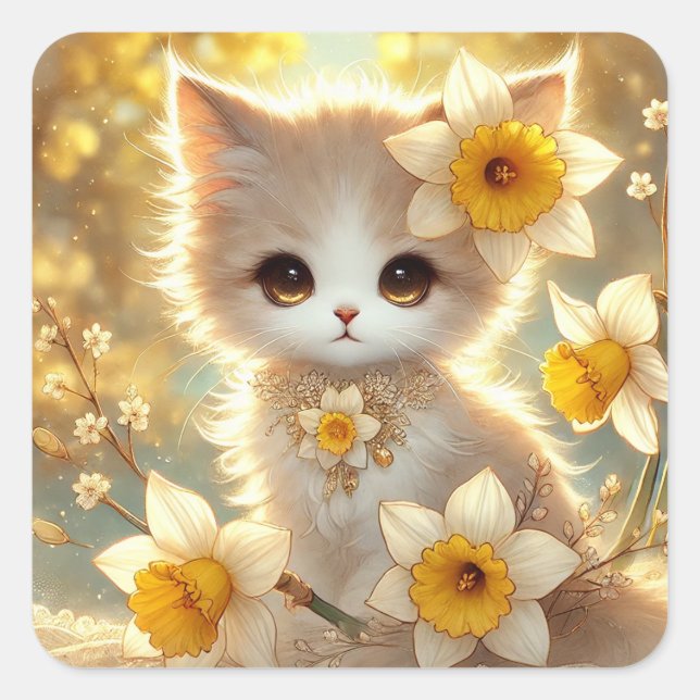 Cute Daffodil Princess Cat Square Sticker (Front)