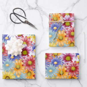 Cute Dainty Colourful Daisies Floral Pattern Wrapping Paper Sheet