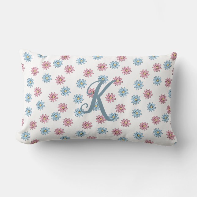 Cute Dainty Pink Blue Daisy Flower Floral Monogram Lumbar Cushion (Front)
