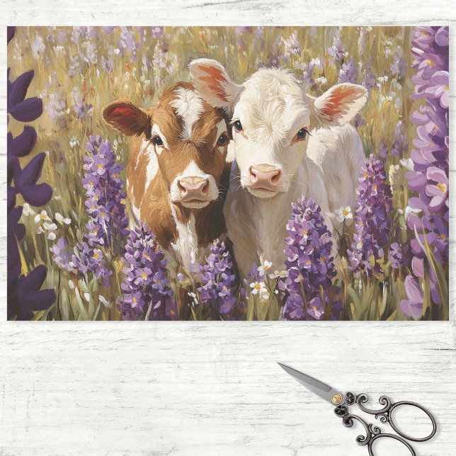 Cute Dairy Cow Calves Lupine Flowers Decoupage Tissue Paper (Creator Uploaded)