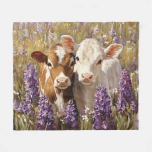 Cute Dairy Cow Calves Lupine Flowers Fleece Blanket