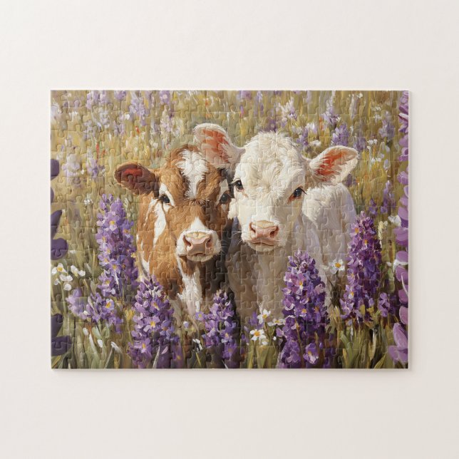 Cute Dairy Cow Calves Lupine Flowers Jigsaw Puzzle (Horizontal)