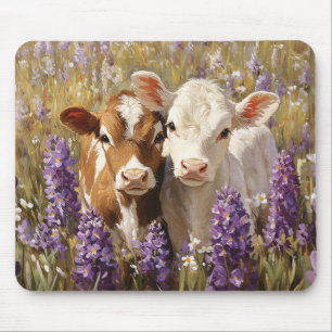Cute Dairy Cow Calves Lupine Flowers Mouse Pad