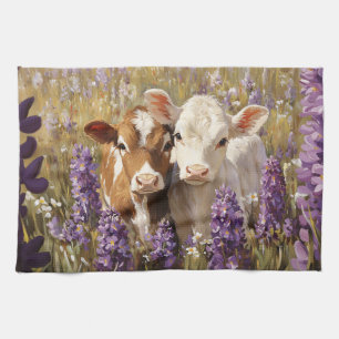 Cute Dairy Cow Calves Lupine Flowers Tea Towel